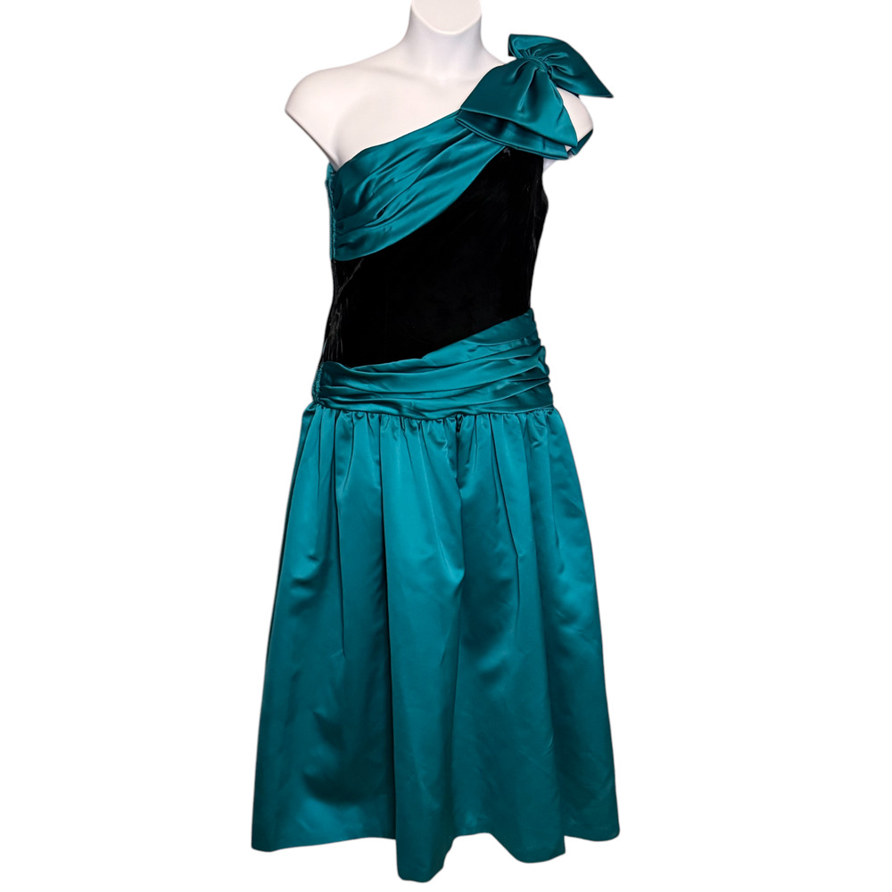 Nolan Miller Dynasty One Shoulder Teal Taffeta Formal Gown Bow Velvet Bodice 80s